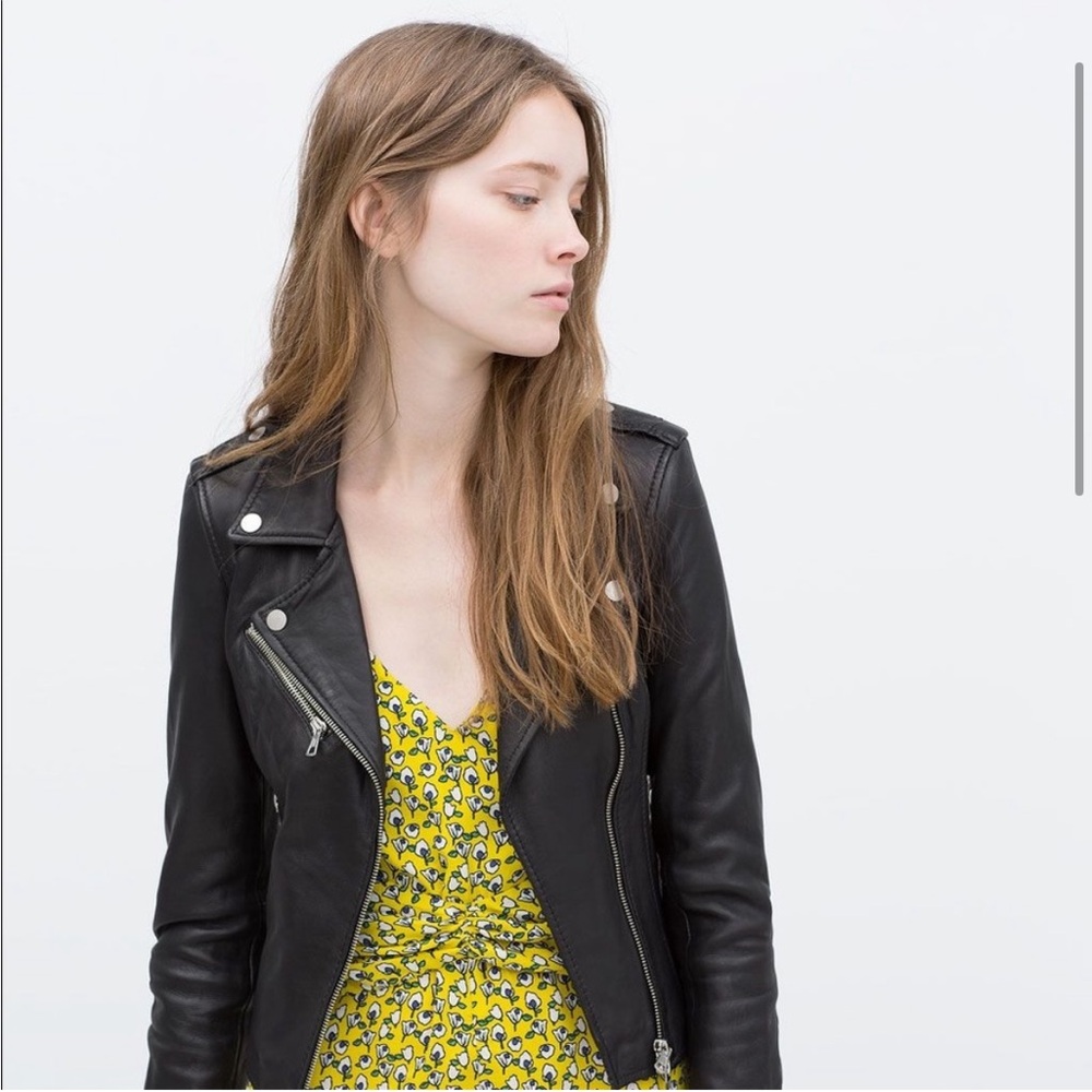ZARA Genuine Lambskin Leather Black Moto Jacket